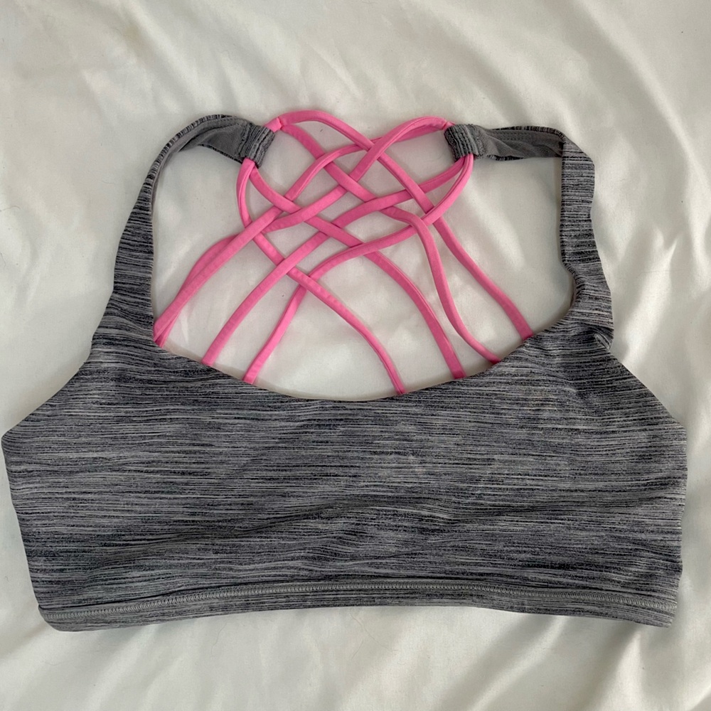 lululemon Free To Be Wild Bra, grey with pink strap detail, size 8